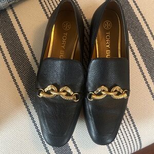 Tory Burch Black Loafers with Gold Chain Detail